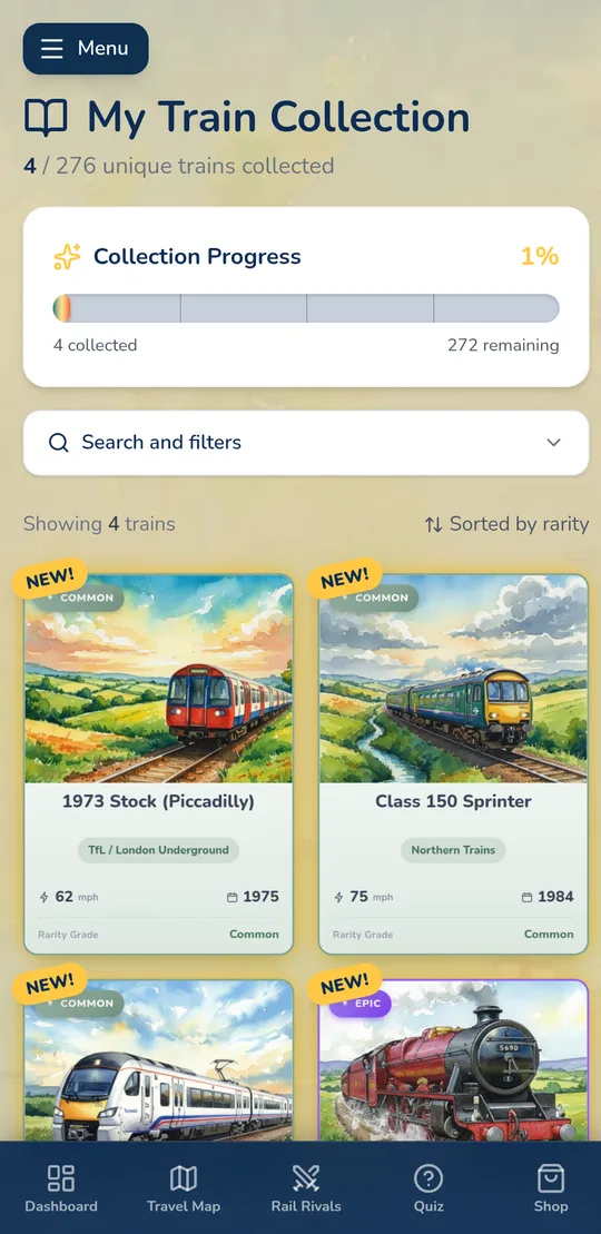 The collection screen, showing collected train cards