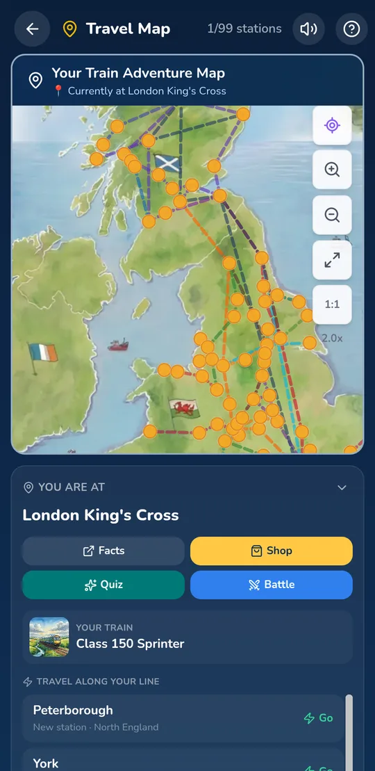 The travel map, showing British railway stations to journey between