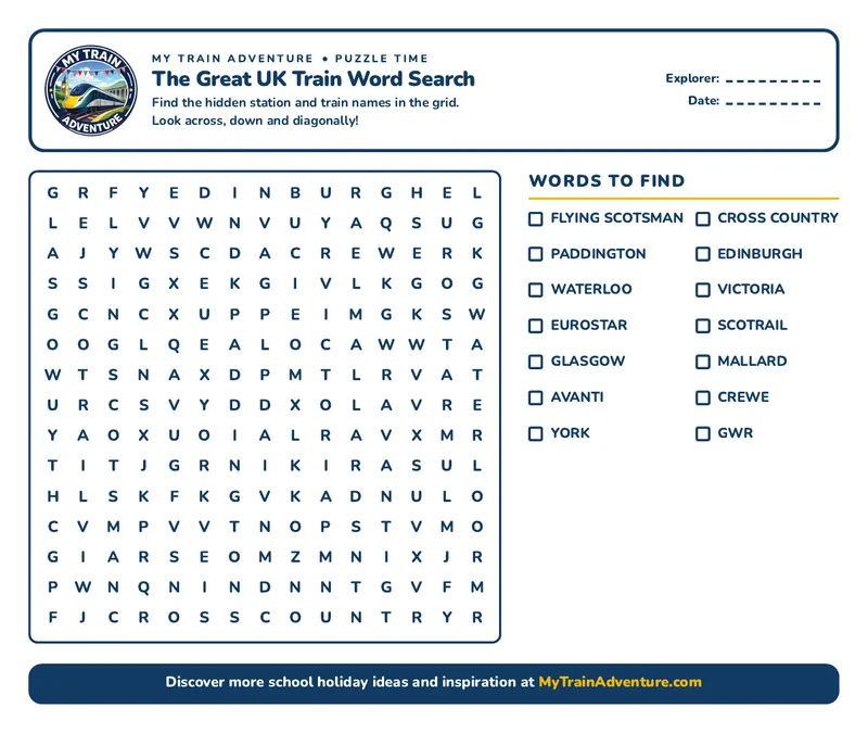 The Great UK Train Word Search for Kids printable sheet