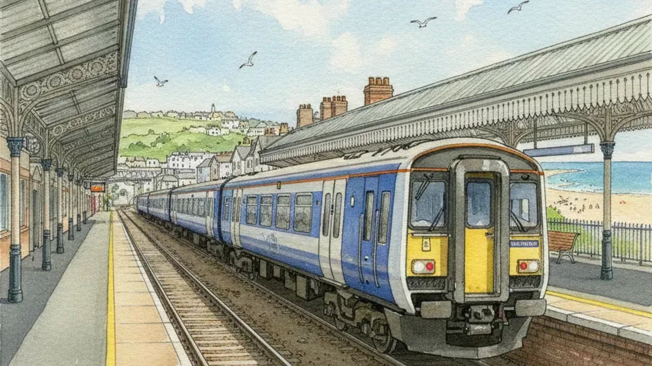 Illustration of Weymouth station with a blue and white South Western Railway train at the platform and the bay behind