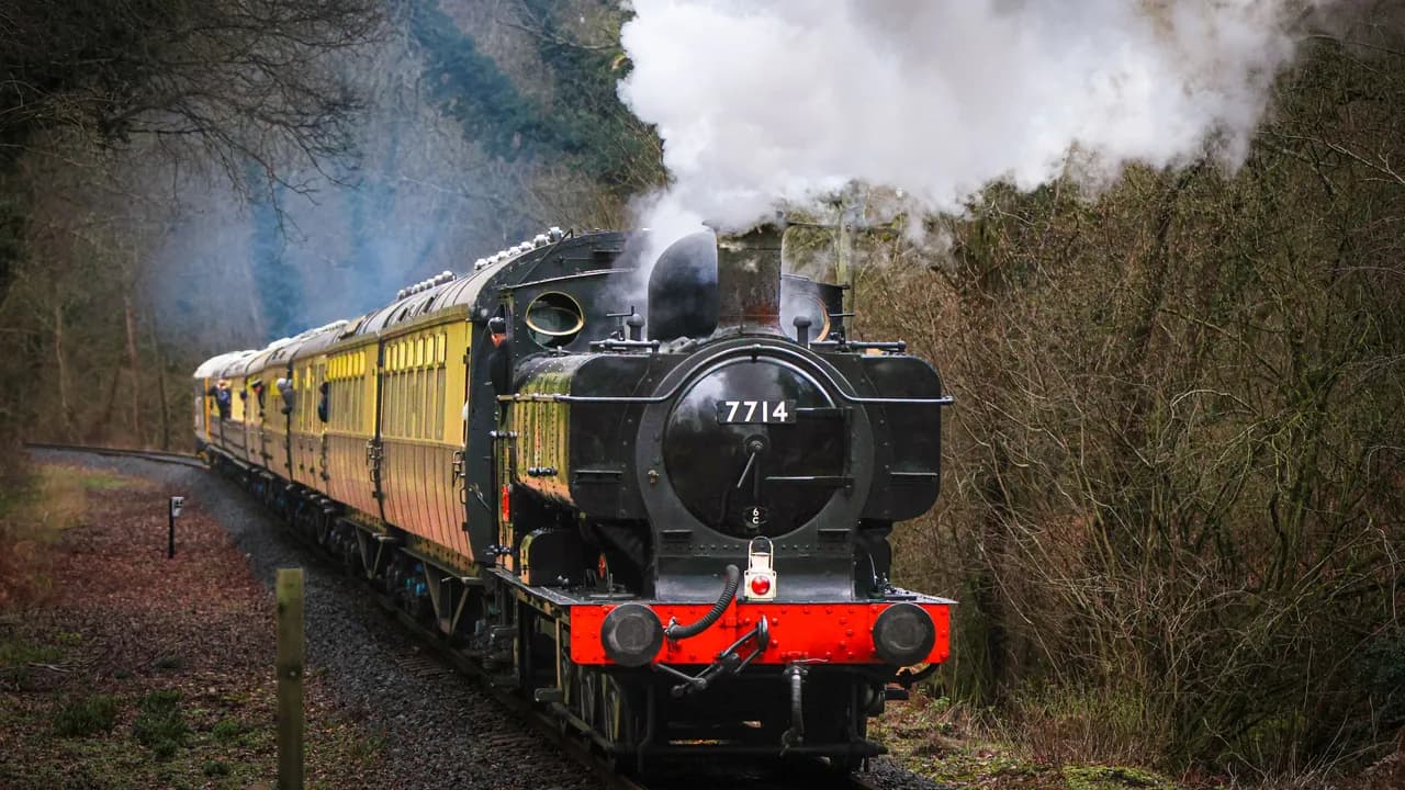 Great Western pannier tank no. 7714, one of the Severn Valley Railway's own engines, steaming through winter woods