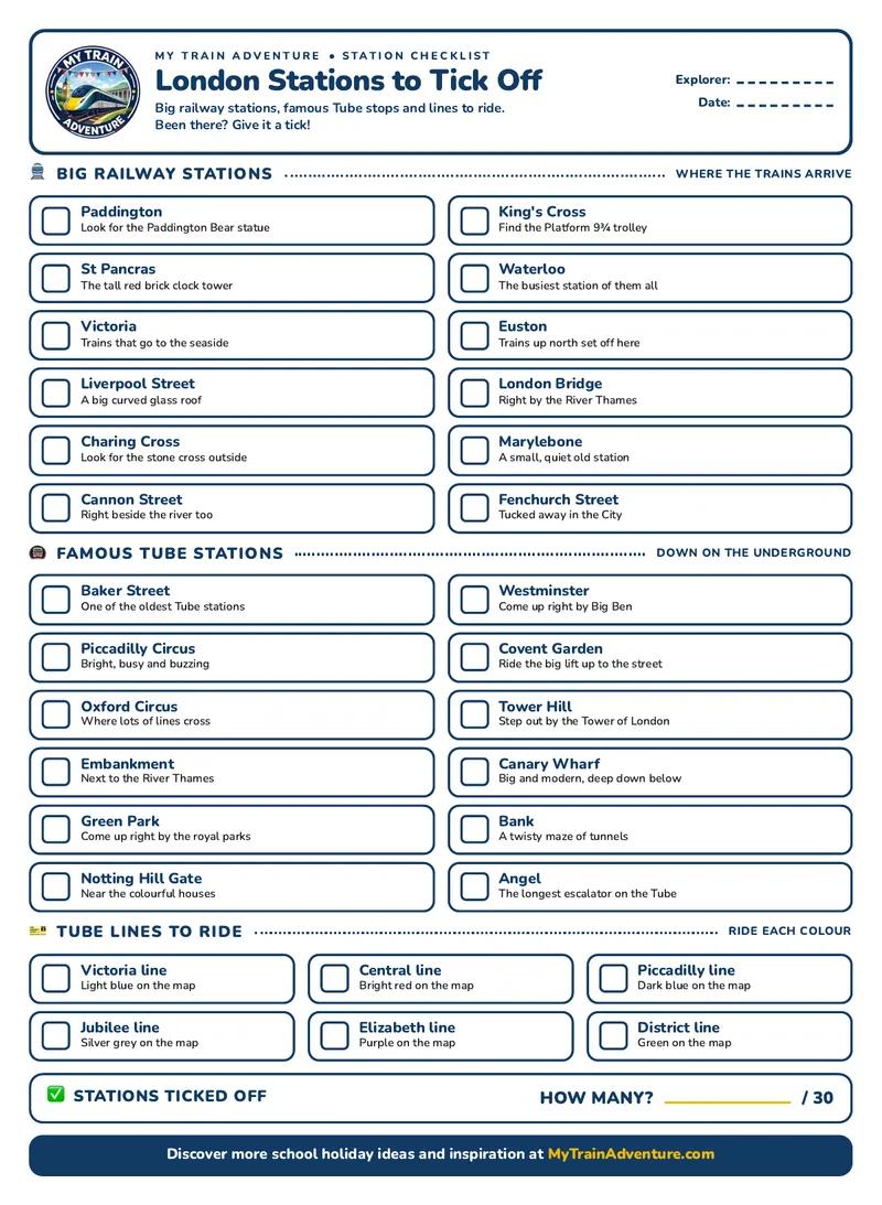 London Train Station Checklist for Kids printable sheet